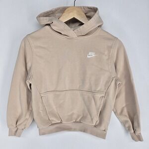 Nike Hoodie Kids M Tan Beige Embroidered Swoosh Logo Fleece Pullover Sweater